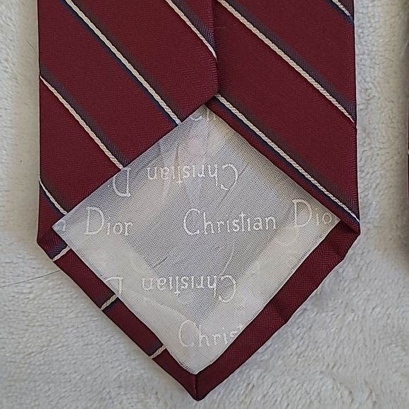 Vintage Christian Dior Men's Necktie Red Navy White Regimental Stripe Short Tie - Picture 7 of 16
